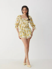 Chiffon Fruit Graphic Square Neck Lantern Sleeve Lace Romper