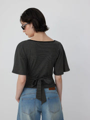 Lyocell-blend Striped V-neck Cloak Sleeve Ruched Tie Back Top
