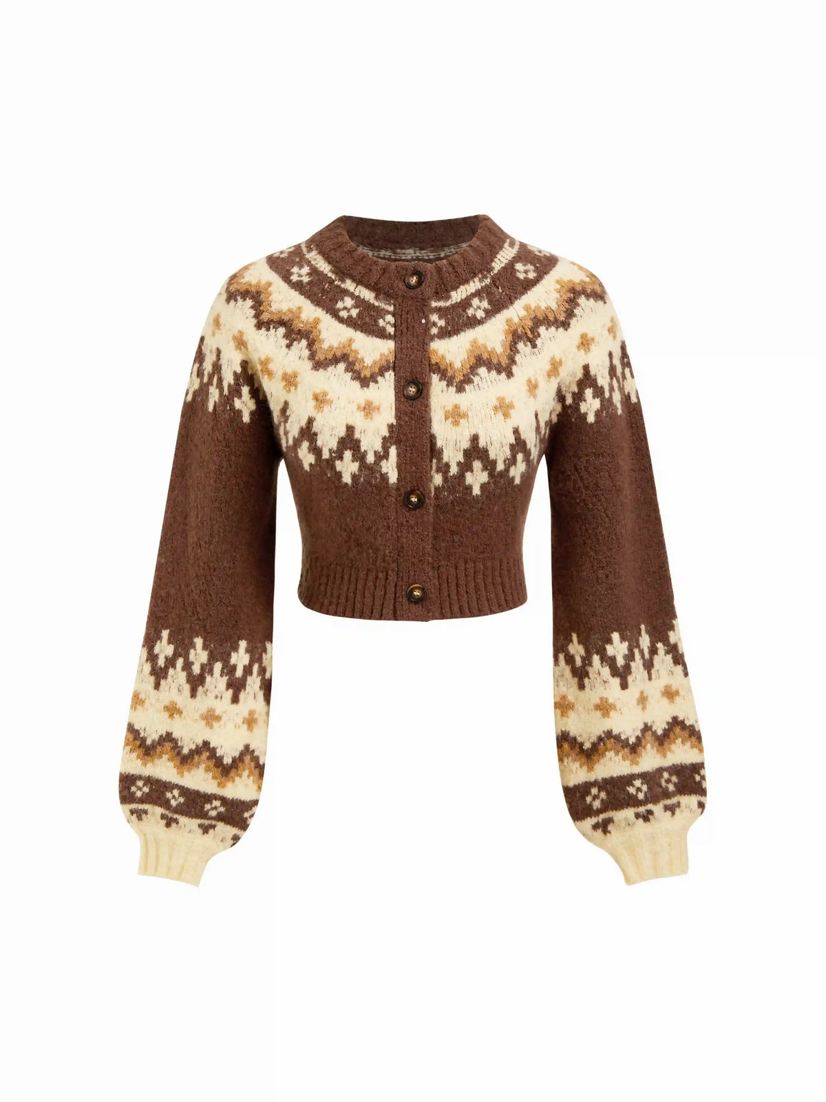 Knit Round Neckline Fair Isle Button Long Sleeve Cardigan