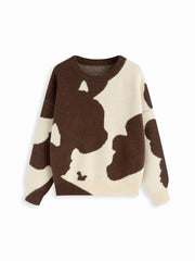 Knit Wool-blend Cow Pattern Round Neck Oversized Sweater