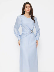 Round Neckline Lantern Long Sleeve Metal Button Ruched Maxi Dress