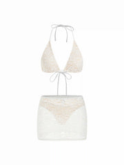 Halter Neckline Lace Triangle Bikini Set With Lace Skirt