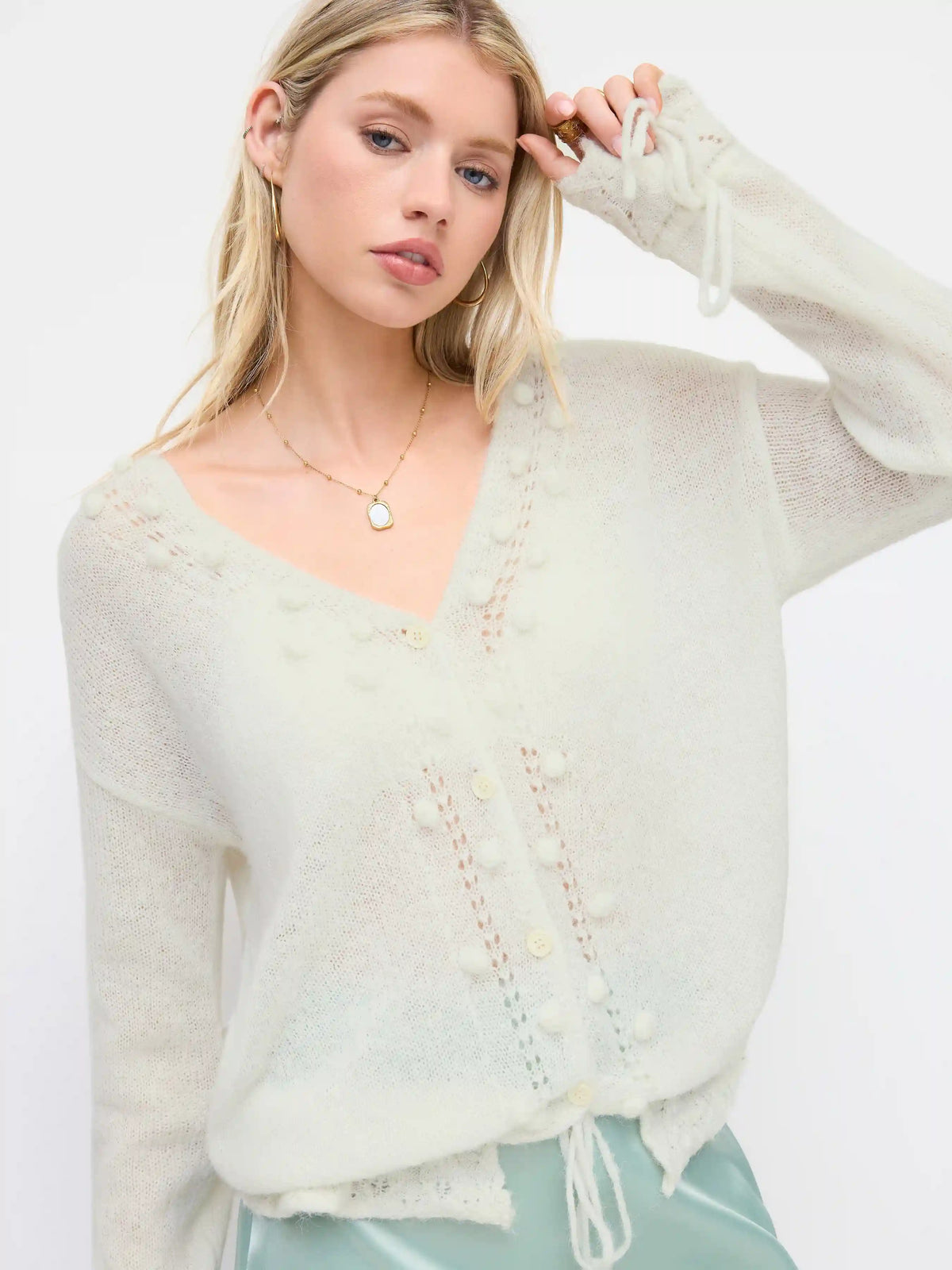 Pom Pom Knit Wool-blend Hollow Out Oversized Long Sleeve Top