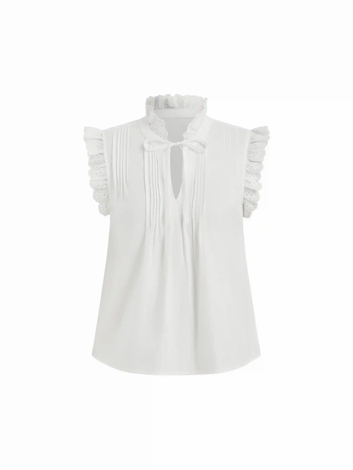 Cotton-blend Stand Collar Lace Panel Ruffled Oversized Blouse Oversized