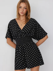 Polka Dot V-neck Cloak Sleeve Wrap Shirred Mid Rise Oversized Romper