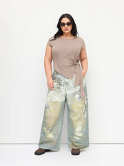 Denim Low Rise Lace Graphic Ripped Wide Leg Jeans Curve & Plus