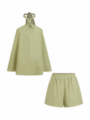 Linen-blend Halter Neck Twist Knotted Oversized Top & Mid Rise Shorts Set