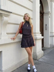 Chiffon Polka Dot Halter Neckline Ruffled Tie Back Mini Dress