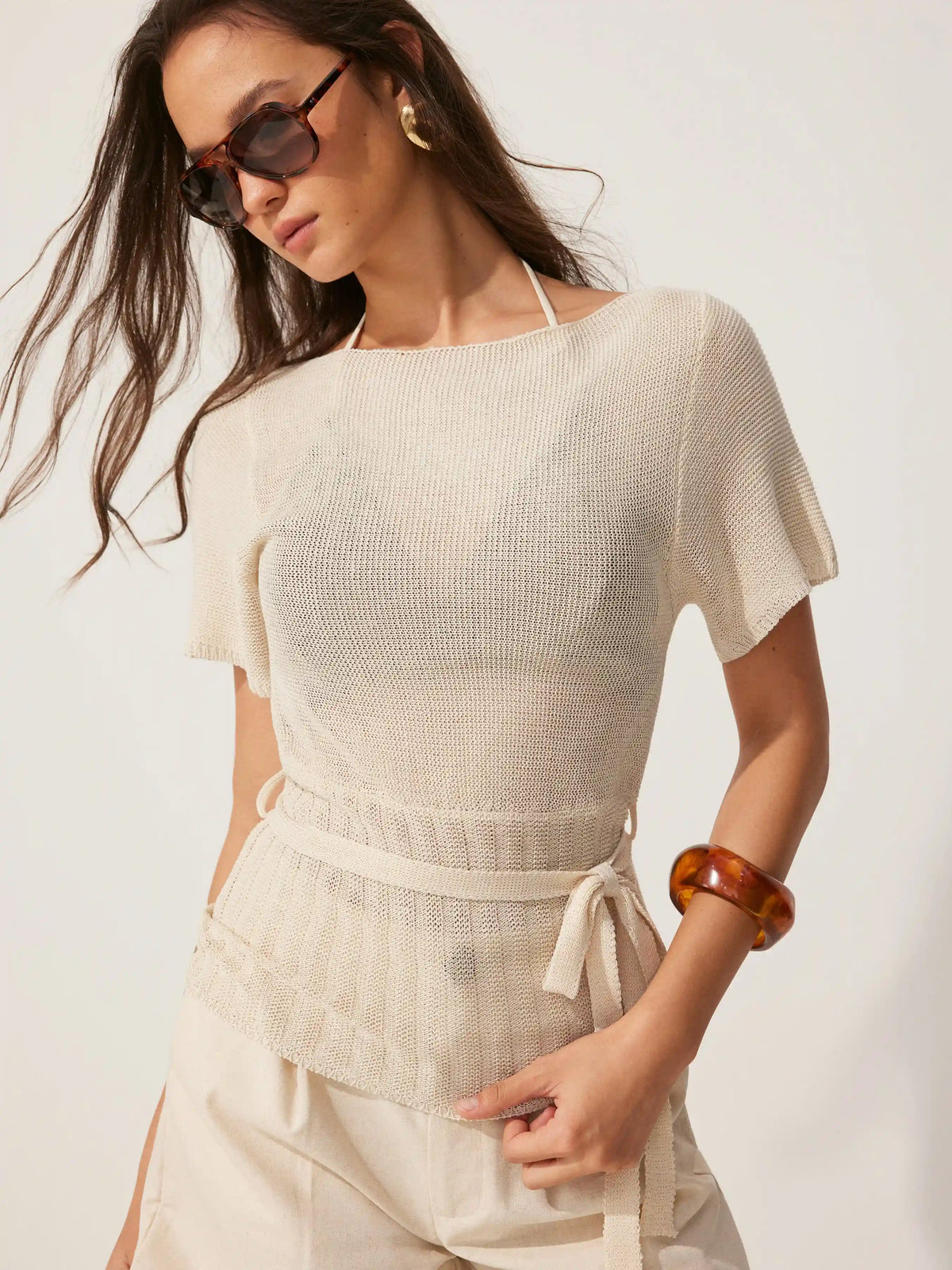Knit Boat Neck Short Sleeve Top With Tie Waist