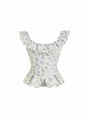 Textured Cotton-blend Floral Scoop Neck Ruffled Tank Blouse