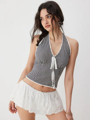 Gingham Halter Neck Lace Trim Bowknot Slim Crop Top