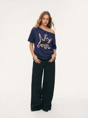 Cat Graphic Asymmetrical Neck Short Sleeve Tee