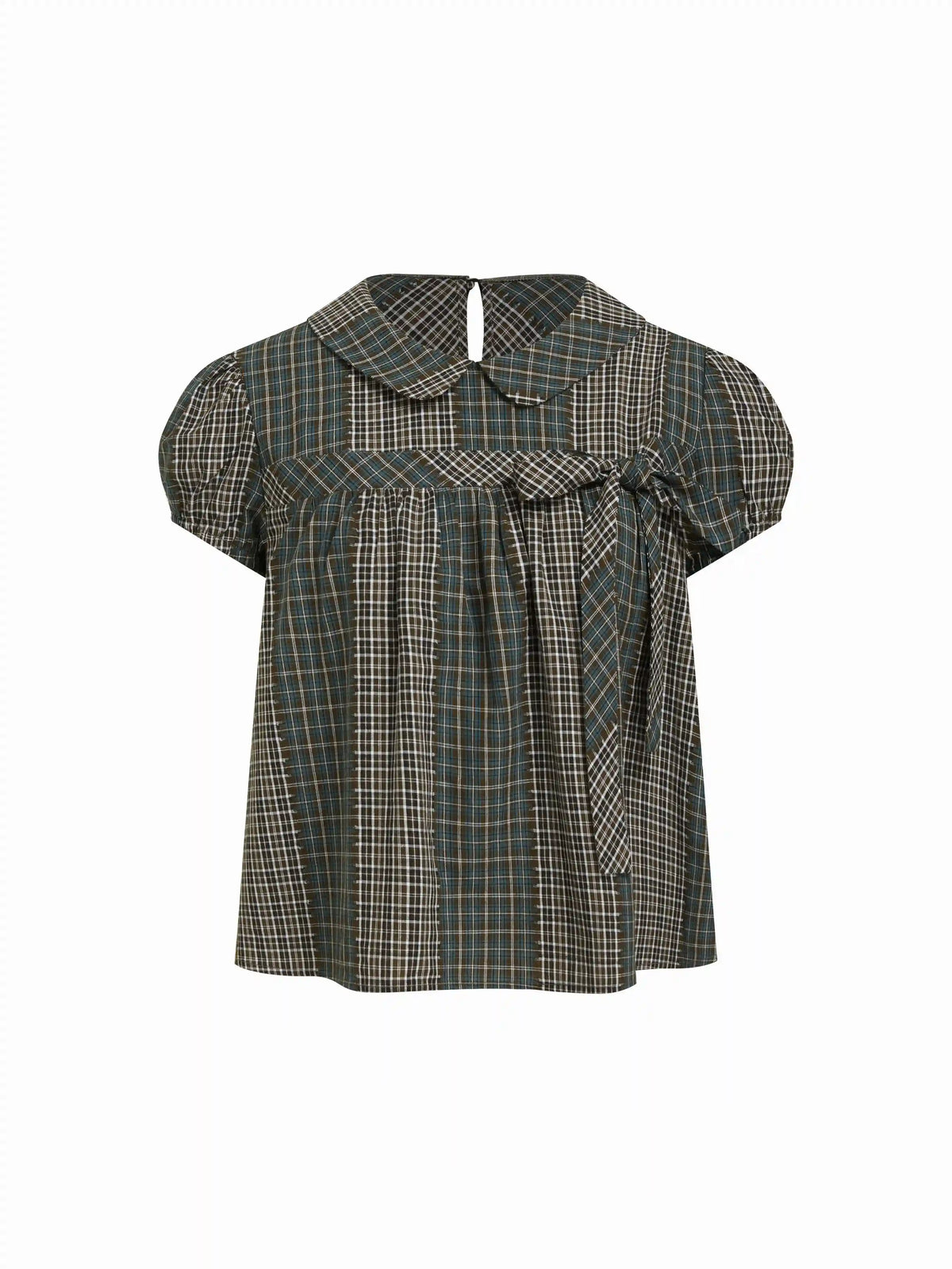Cotton-blend Peter Pan Collar Check Bowknot Oversized Blouse
