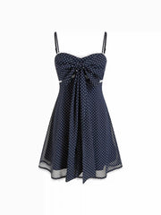 Chiffon Polka Dot Sweetheart Bowknot Lace Trim A-line Mini Dress