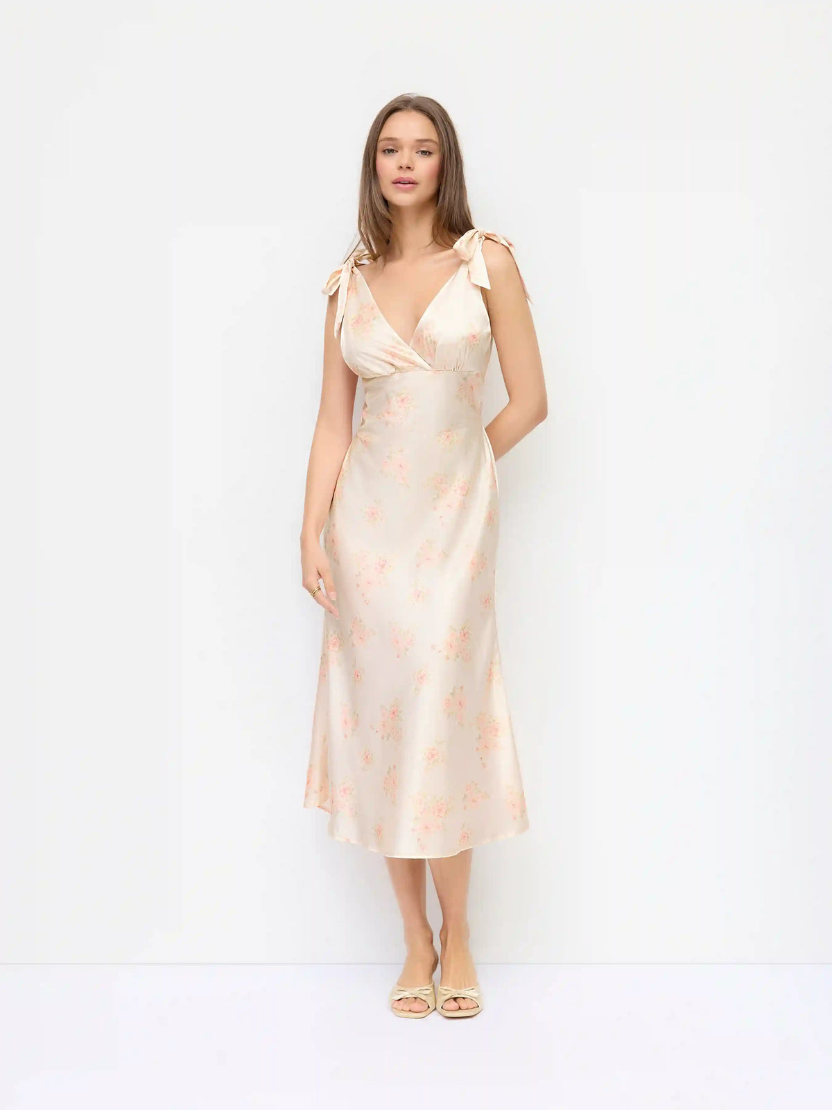 Satin V Neck Floral Mermaid Maxi Dress with Shoulder Bowknot