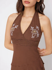 Jersey Halter Neckline Floral Embroidered Lace Patched Ruffle Hem Layered Mini Dress