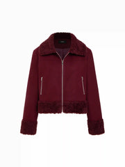 Collar Faux Fur Trim Zip Through Long Sleeve Jacket