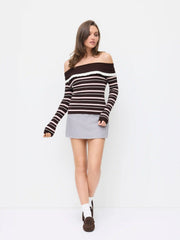 Knit Off-Shoulder Striped Ruffled Top
