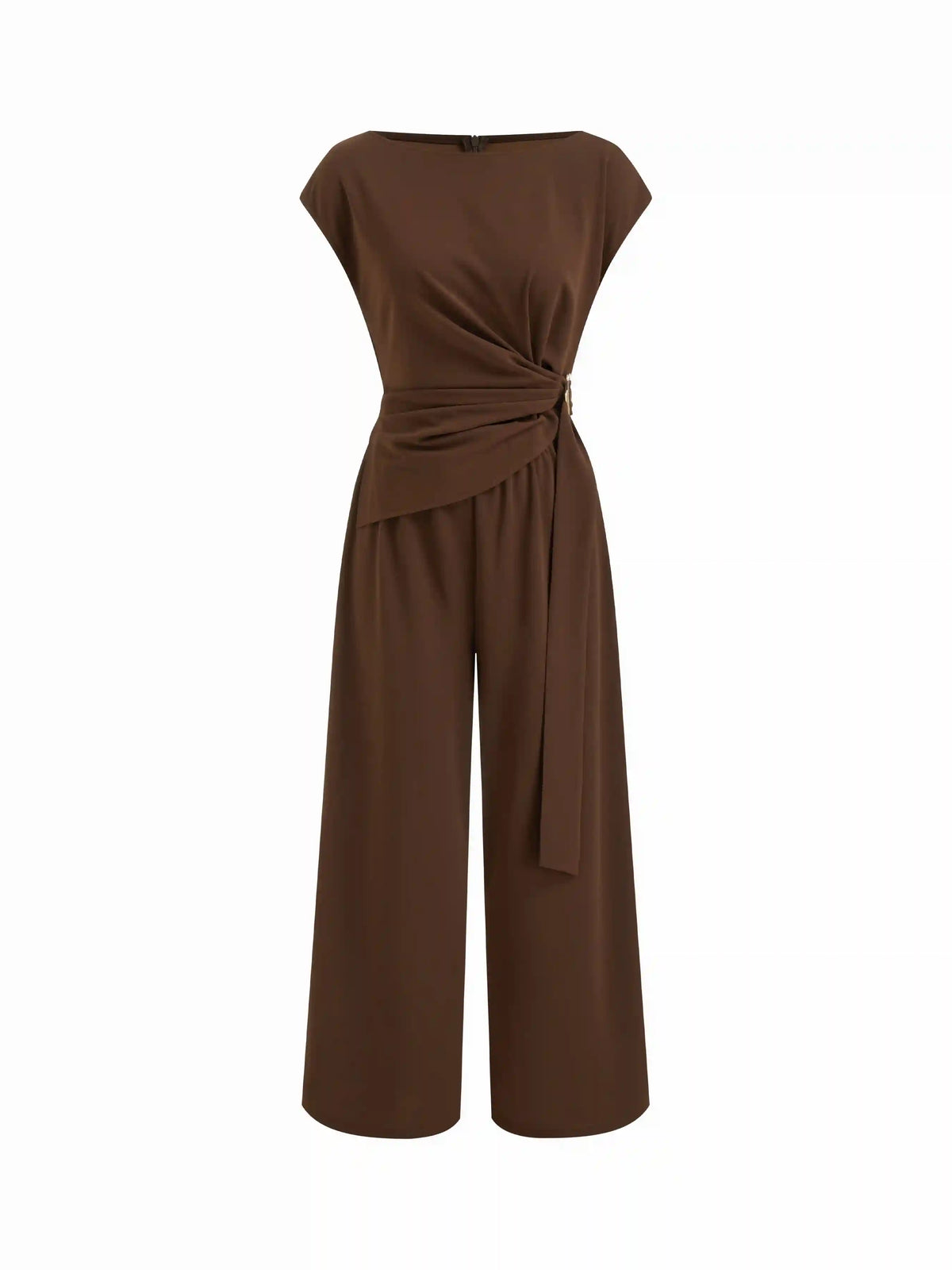 Boat Neck Ruched Metal Detail Wide Leg Jumpsuit