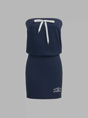 Terry Side Stripe Bowknot Embroidery Bandeau Mini Dress