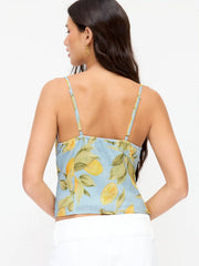 Linen-blend Lemon Graphic Sweetheart Scalloped Trim Cami Top