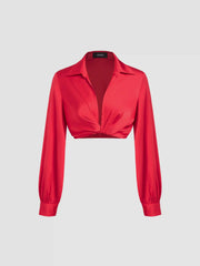 V-neck Solid Twist Long Sleeve Crop Shirt