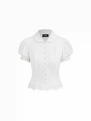 Cotton-blend Jacquard Floral Puff Sleeve Blouse