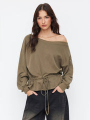 Cotton-blend Asymmetrical Neck Drawstring Cinched Waist Oversized Sweatshirt