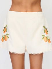 Linen-blend Fruit Graphic Mid Rise Embroidery Shorts
