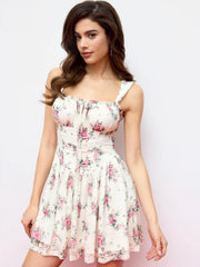 Floral Lace Square Neck Ruffled Bowknot Babydoll Dress