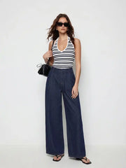 Washed Denim Low Rise Pleated Oversized Wide Leg Trousers