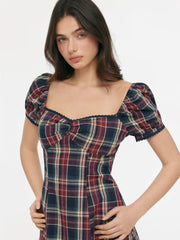 Cotton Sweetheart Neck Puff Sleeve Plaid A-line Mini Dress