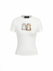 Cotton-blend Cat Graphic Bowknot Short Sleeve Tee