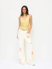 Textured Halter Neckline Ruched Slim Top With Scarf