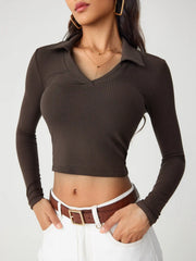 Solid Collar Long Sleeve Crop Top