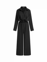 Collar Ruched Wide Leg Shirt Jumpsuit