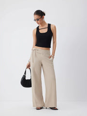 Low Rise Side Tie Metal Detail Straight Leg Trousers