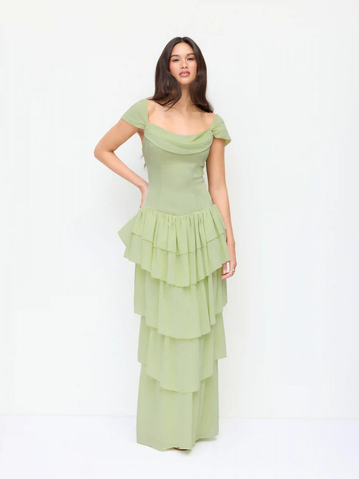 Chiffon Square Neck Draped Tiered Maxi Dress