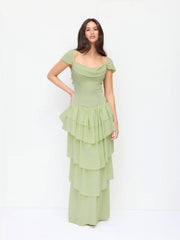Chiffon Square Neck Draped Tiered Maxi Dress