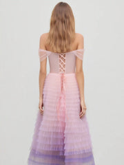 Off-shoulder Ombre Corset Tulle Tiered Gown Maxi Dress