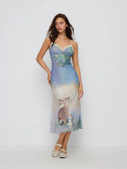 Mesh Deer Graphic Sweetheart Lace Trim Slip Maxi Dress
