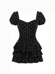 Cotton-blend Sweetheart Puff Sleeve Ruched Tiered Mini Dress