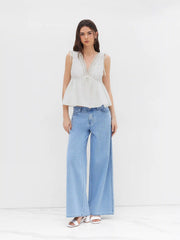 Cotton-blend V-neck Lace Trim Ruffle Hem Knotted Tank Top