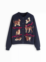 Knit Cute Dog Pattern Embroidery Oversized Cardigan