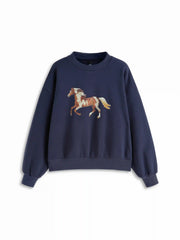 Cotton-blend Horse Graphic Round Neckline Oversized Sweatshirt