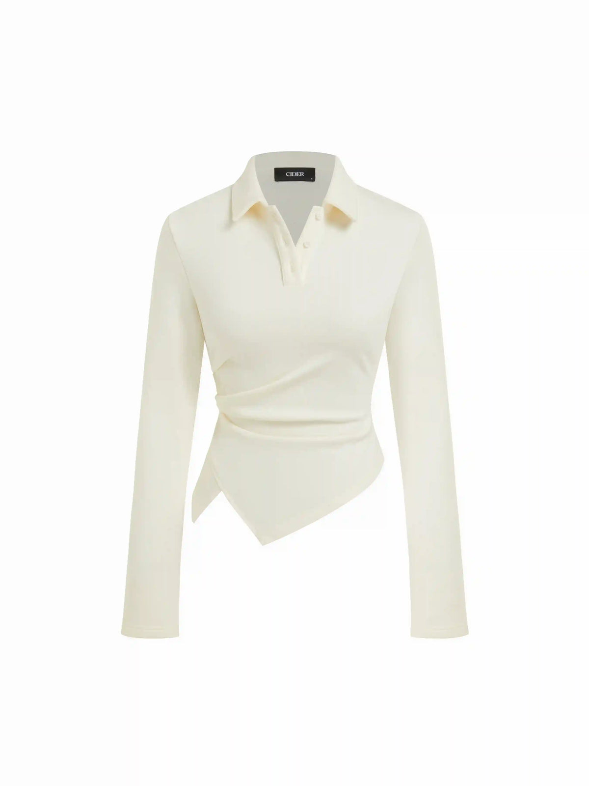 Cotton-blend Polo Ruched Hanky Hem Long Sleeve Top