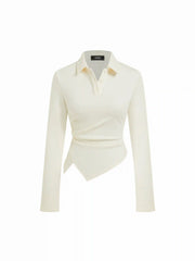Cotton-blend Polo Ruched Hanky Hem Long Sleeve Top