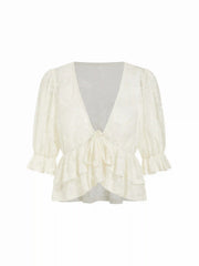 Lace V-Neck Puff Sleeve Ruffled Top
