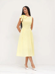 Linen-blend Boat Neck Bowknot Ruffle Midi Dress