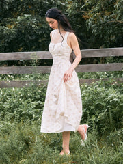 Cotton Square Neck Ditsy Floral Lace Up Maxi Dress